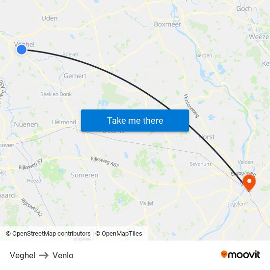 Veghel to Venlo map