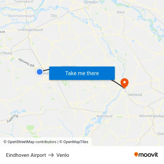 Eindhoven Airport to Venlo map
