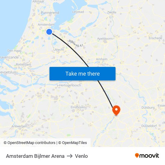 Amsterdam Bijlmer Arena to Venlo map