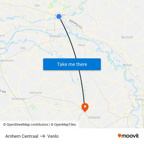 Arnhem Centraal to Venlo map