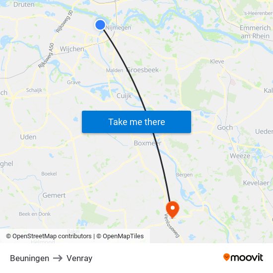 Beuningen to Venray map