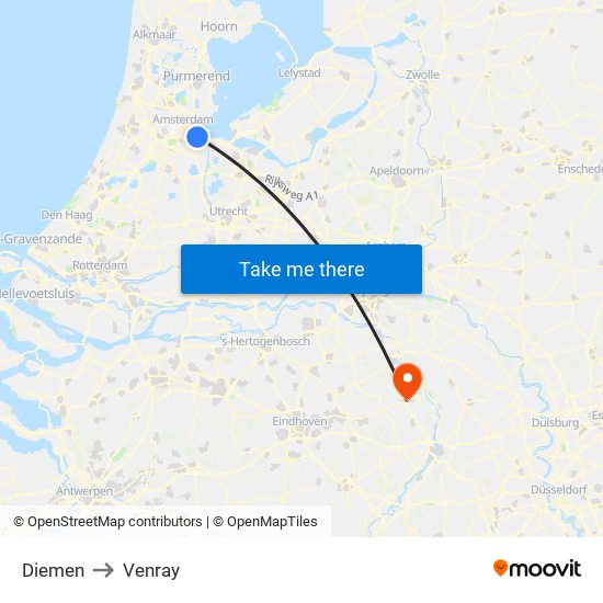 Diemen to Venray map