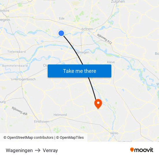 Wageningen to Venray map