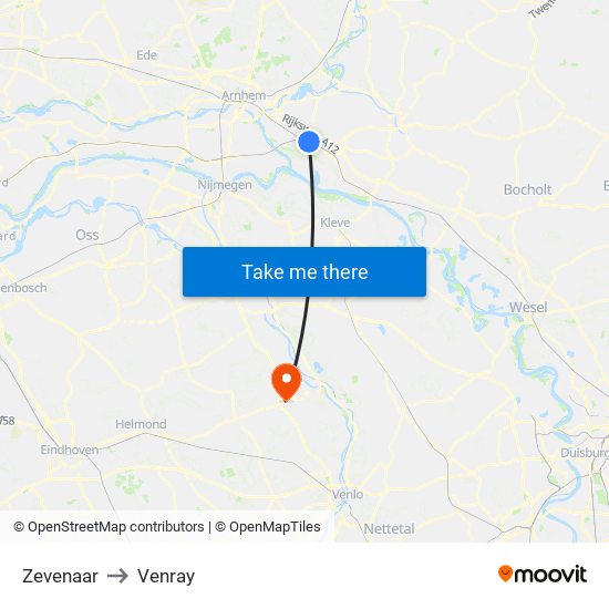 Zevenaar to Venray map