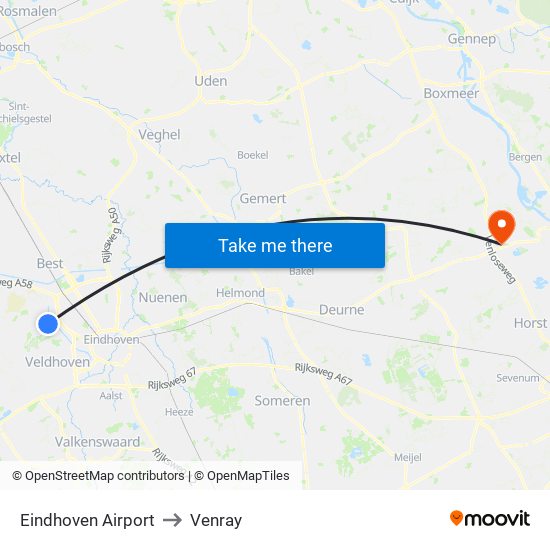 Eindhoven Airport to Venray map