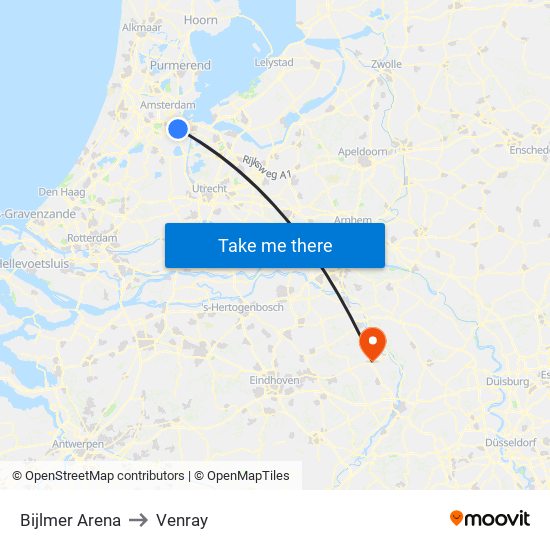 Bijlmer Arena to Venray map