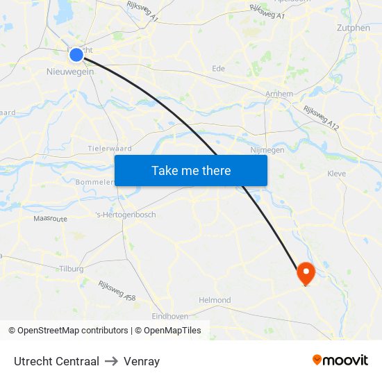 Utrecht Centraal to Venray map