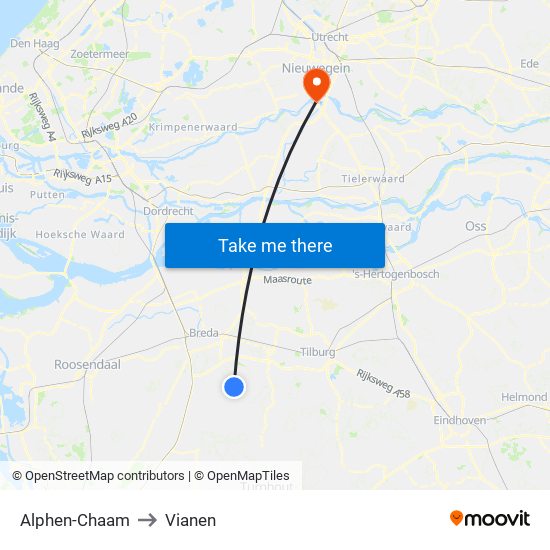 Alphen-Chaam to Vianen map