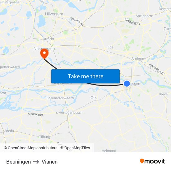 Beuningen to Vianen map