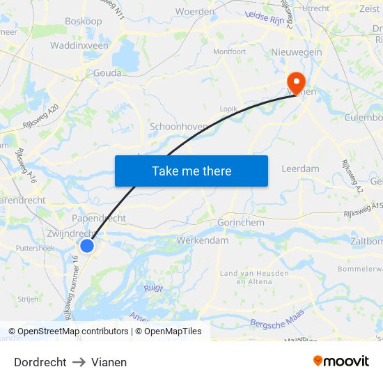 Dordrecht to Vianen map