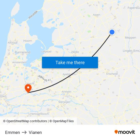 Emmen to Vianen map