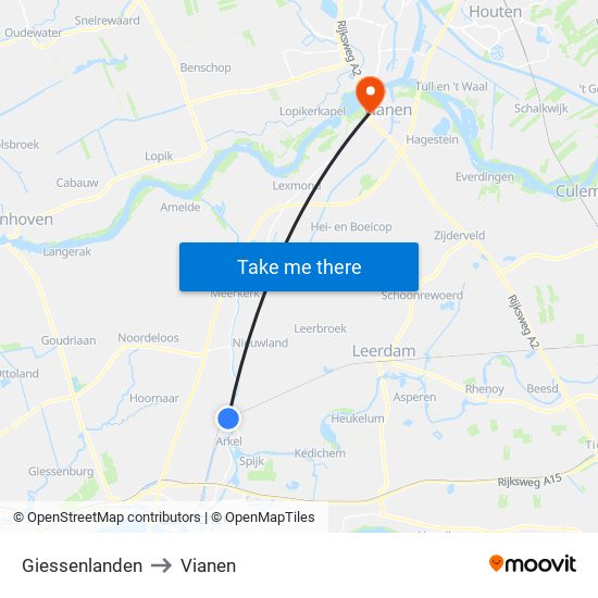 Giessenlanden to Vianen map