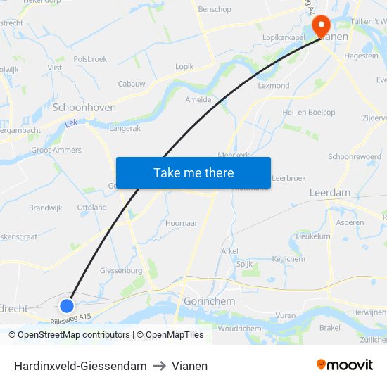 Hardinxveld-Giessendam to Vianen map