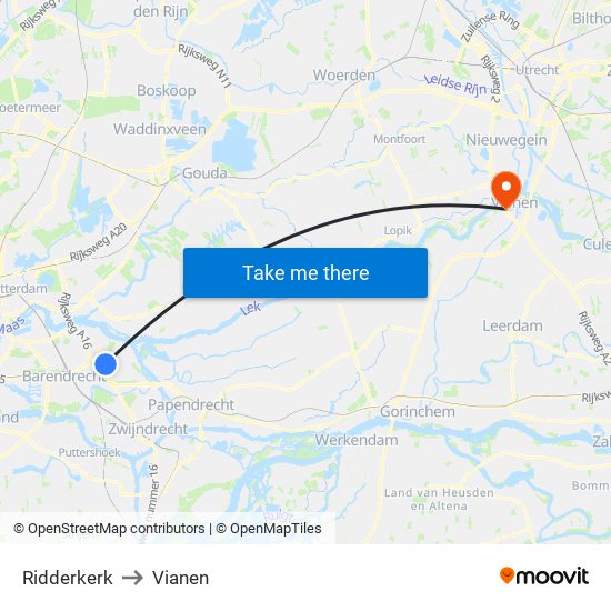 Ridderkerk to Vianen map