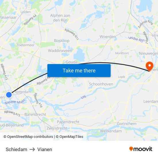 Schiedam to Vianen map