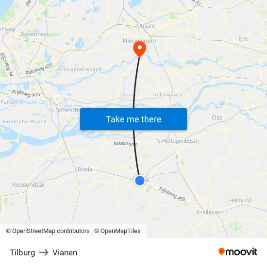 Tilburg to Vianen map