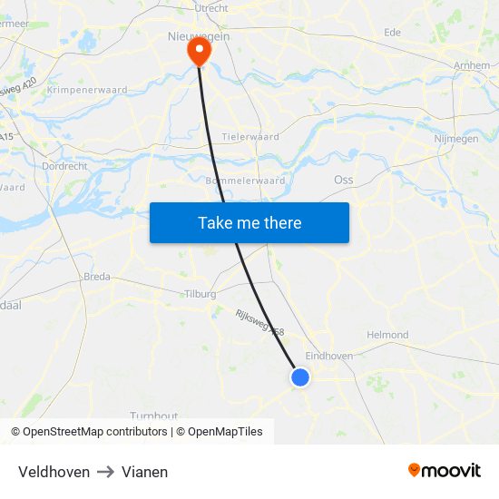 Veldhoven to Vianen map