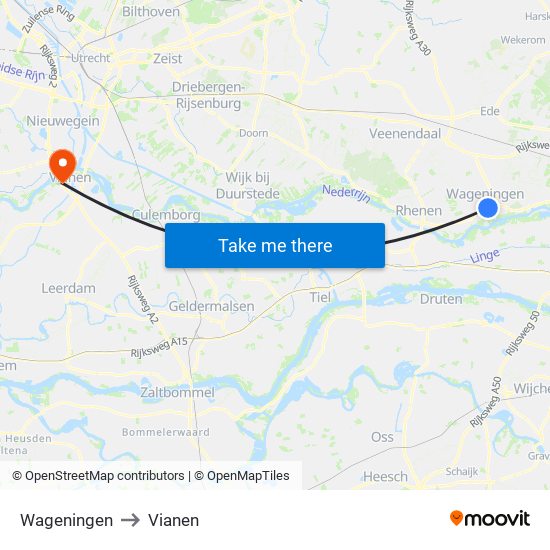 Wageningen to Vianen map