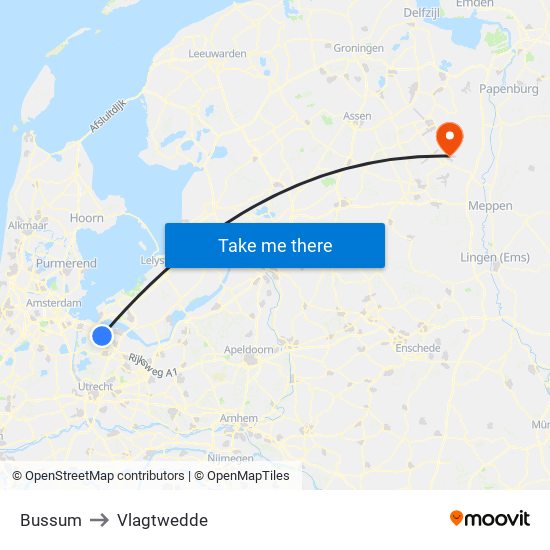 Bussum to Vlagtwedde map