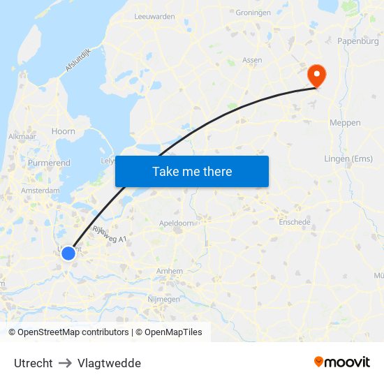 Utrecht to Vlagtwedde map