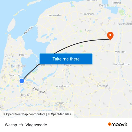 Weesp to Vlagtwedde map