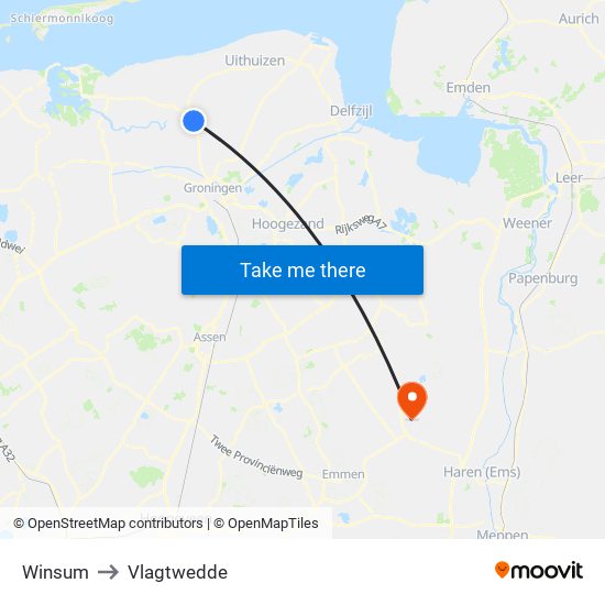 Winsum to Vlagtwedde map