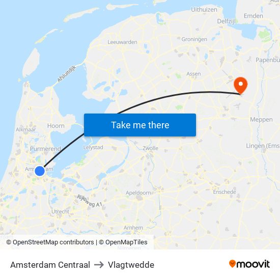 Amsterdam Centraal to Vlagtwedde map