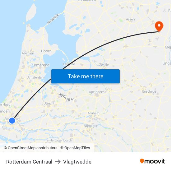 Rotterdam Centraal to Vlagtwedde map