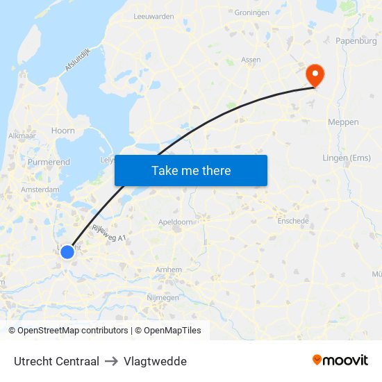 Utrecht Centraal to Vlagtwedde map