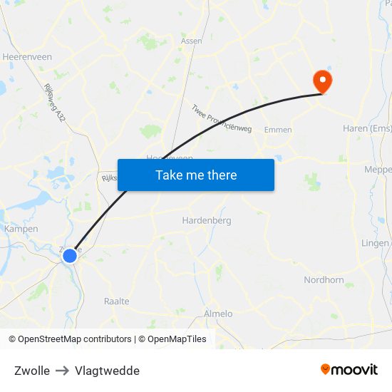 Zwolle to Vlagtwedde map