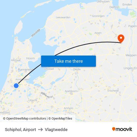 Schiphol, Airport to Vlagtwedde map