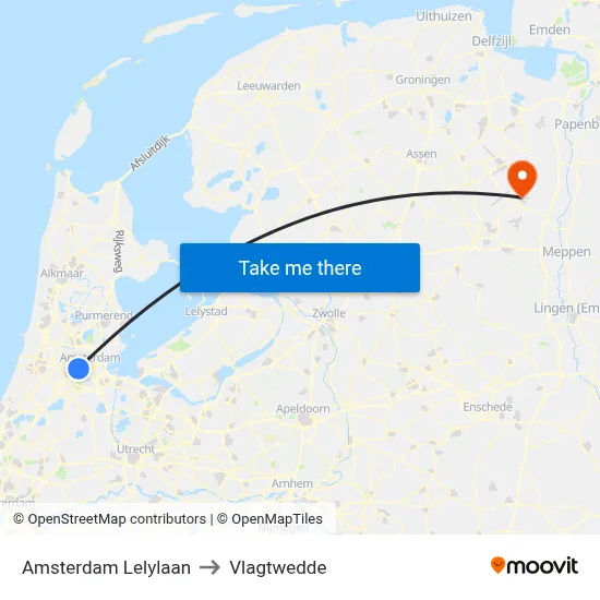 Amsterdam Lelylaan to Vlagtwedde map