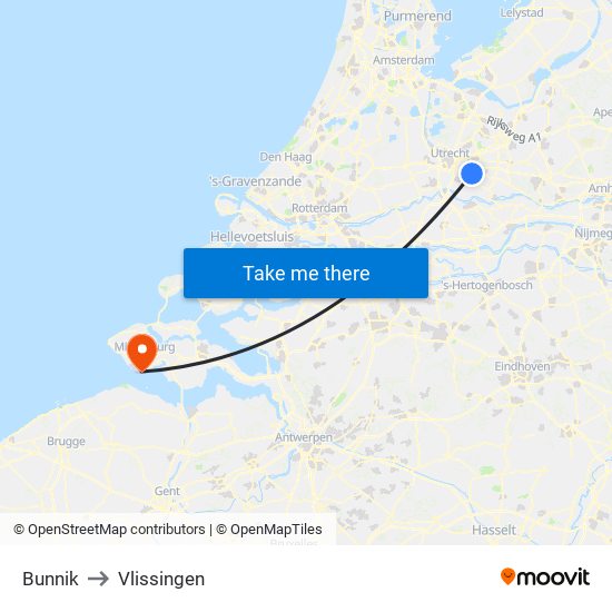 Bunnik to Vlissingen map