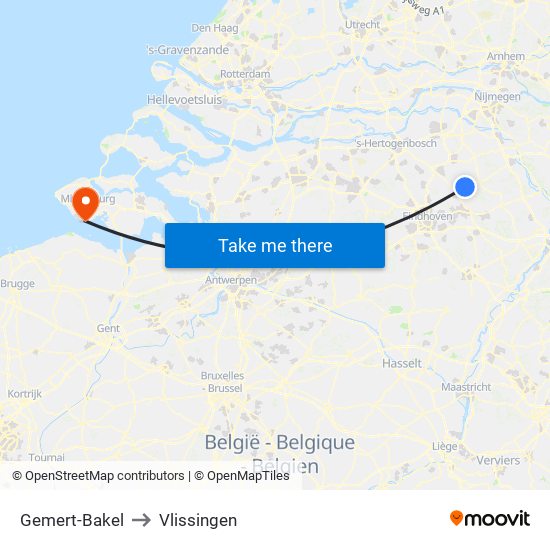 Gemert-Bakel to Vlissingen map