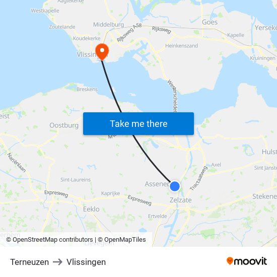 Terneuzen to Vlissingen map