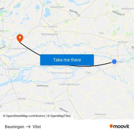 Beuningen to Vlist map