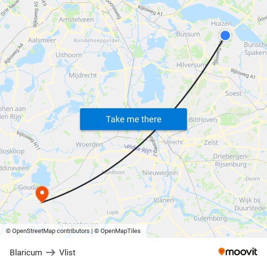 Blaricum to Vlist map