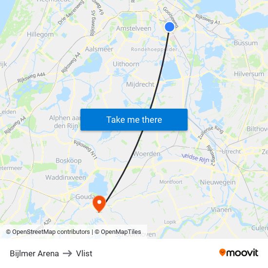 Bijlmer Arena to Vlist map