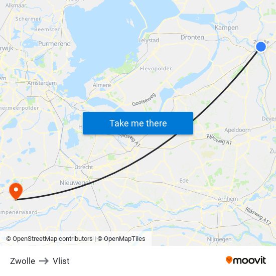 Zwolle to Vlist map