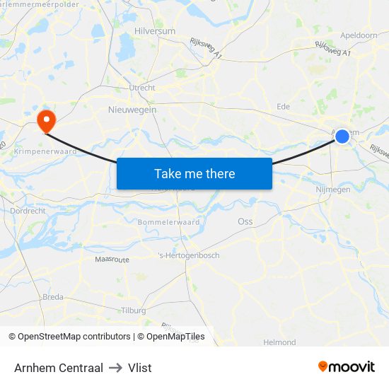 Arnhem Centraal to Vlist map