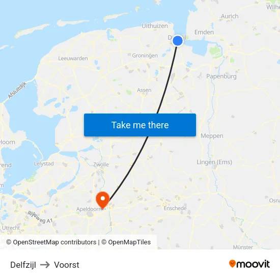 Delfzijl to Voorst map