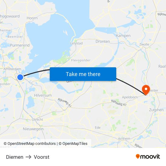 Diemen to Voorst map