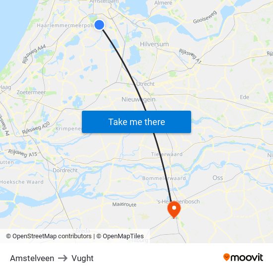 Amstelveen to Vught map