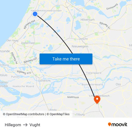 Hillegom to Vught map