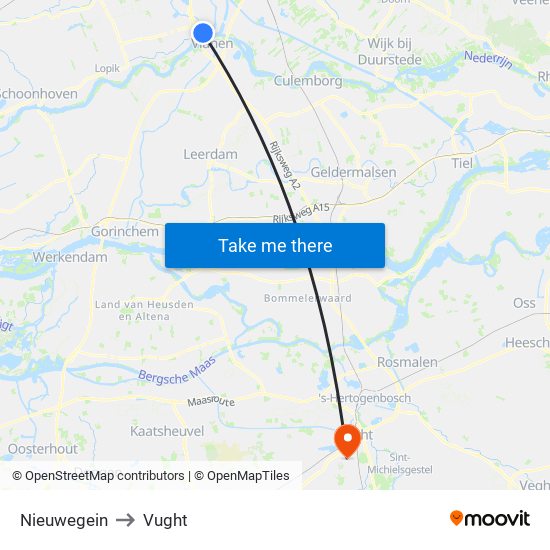 Nieuwegein to Vught map