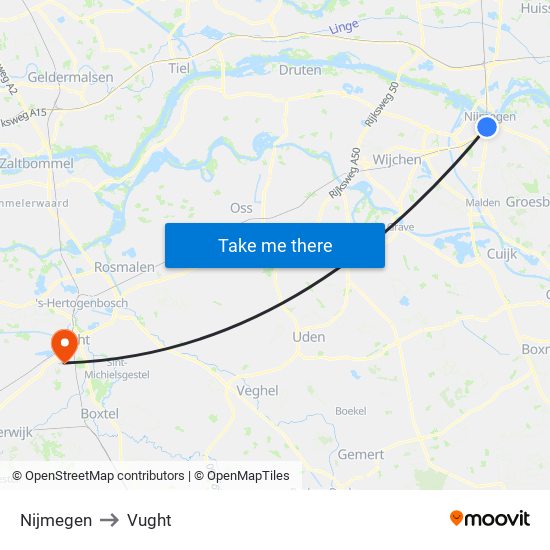Nijmegen to Vught map