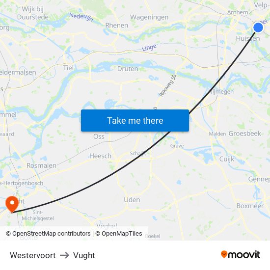 Westervoort to Vught map