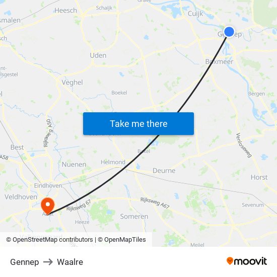 Gennep to Waalre map