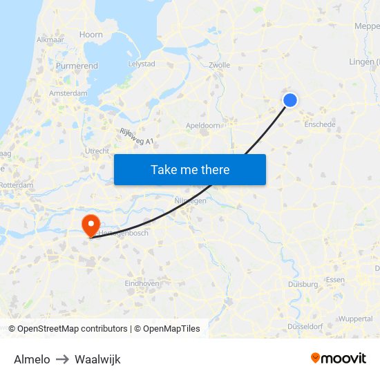 Almelo to Waalwijk map