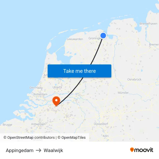 Appingedam to Waalwijk map